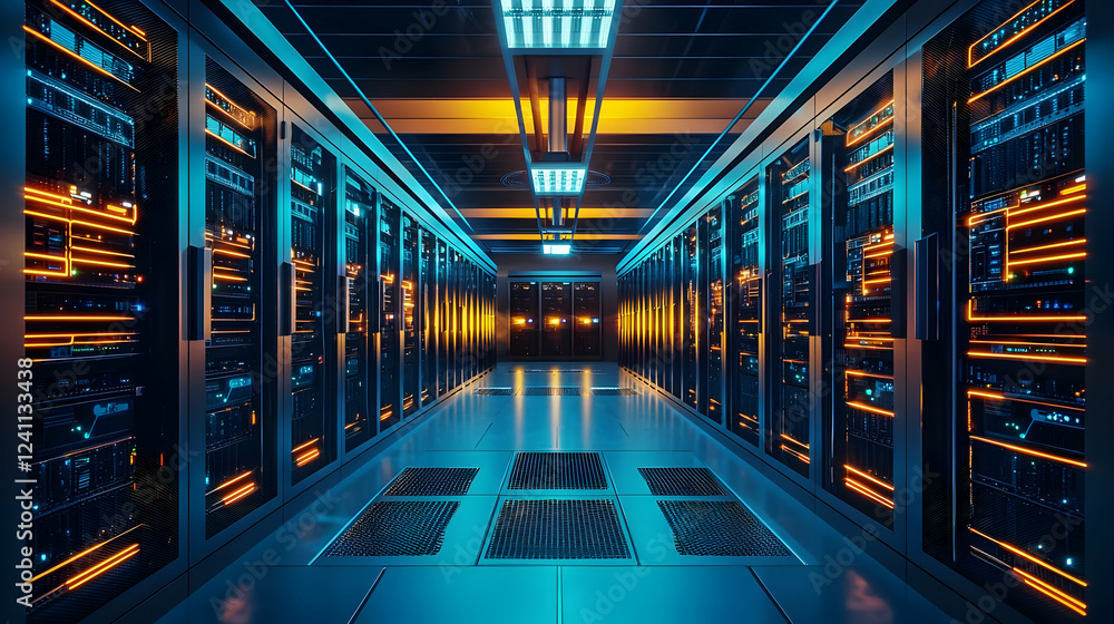 Fototapeta premium Futuristic data center interior with illuminated server racks and cables