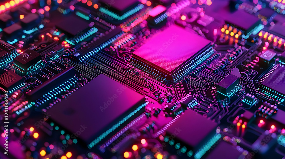 Close-up of a vibrant circuit board with colorful lights and intricate components Close-up of a vibrant circuit board with colorful lights and intricate components