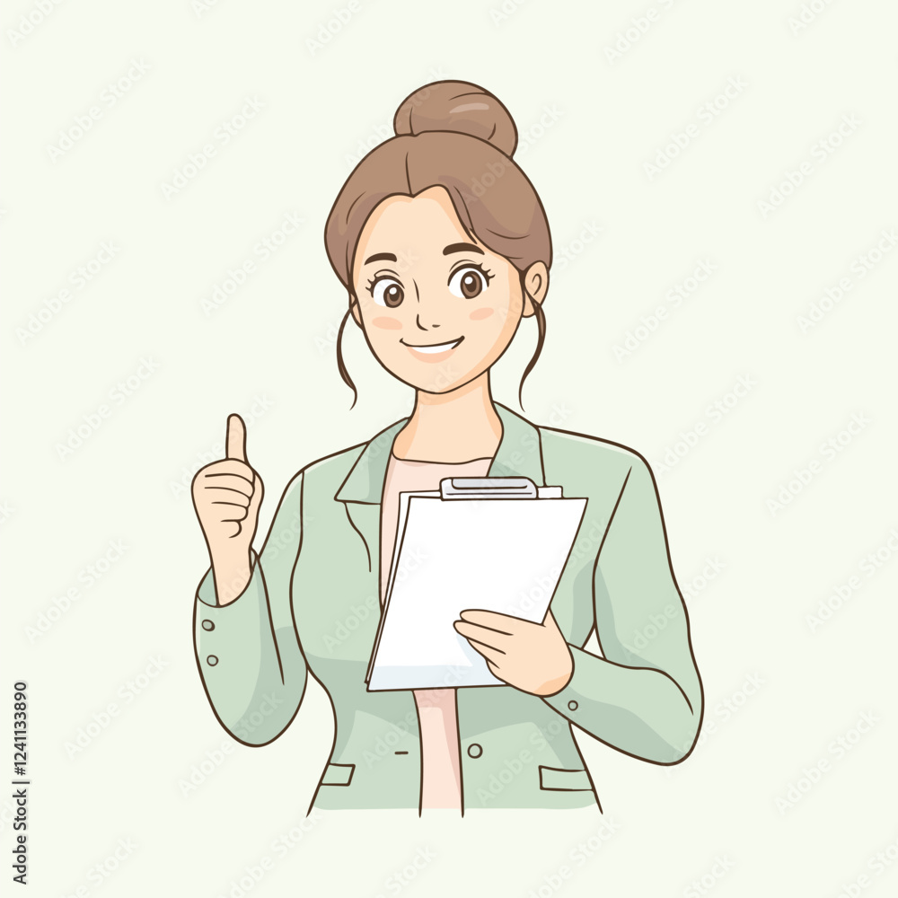 A woman in a lab coat is sitting at a desk with a paper in front of her vector illustration A woman in a lab coat is sitting at a desk with a paper in front of her vector illustration