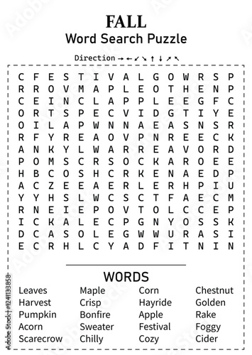 Fall or Autumn Season Word Search 15x15 Puzzle Game for Kids, Teens & Adults - Fun and Educational Activity Page with Hidden Words for All Ages