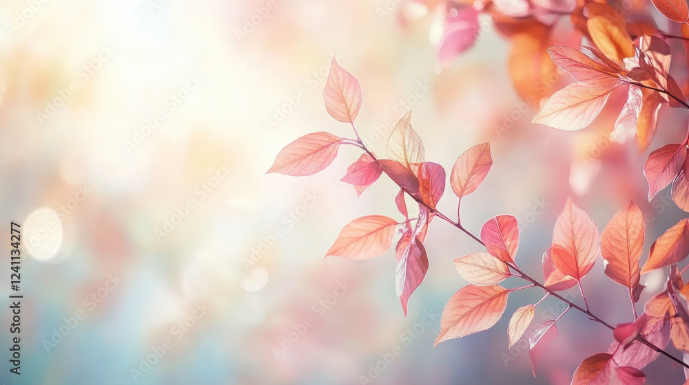 branch with pink and light orange leaves, with a soft, blurred background of light and color branch with pink and light orange leaves, with a soft, blurred background of light and color