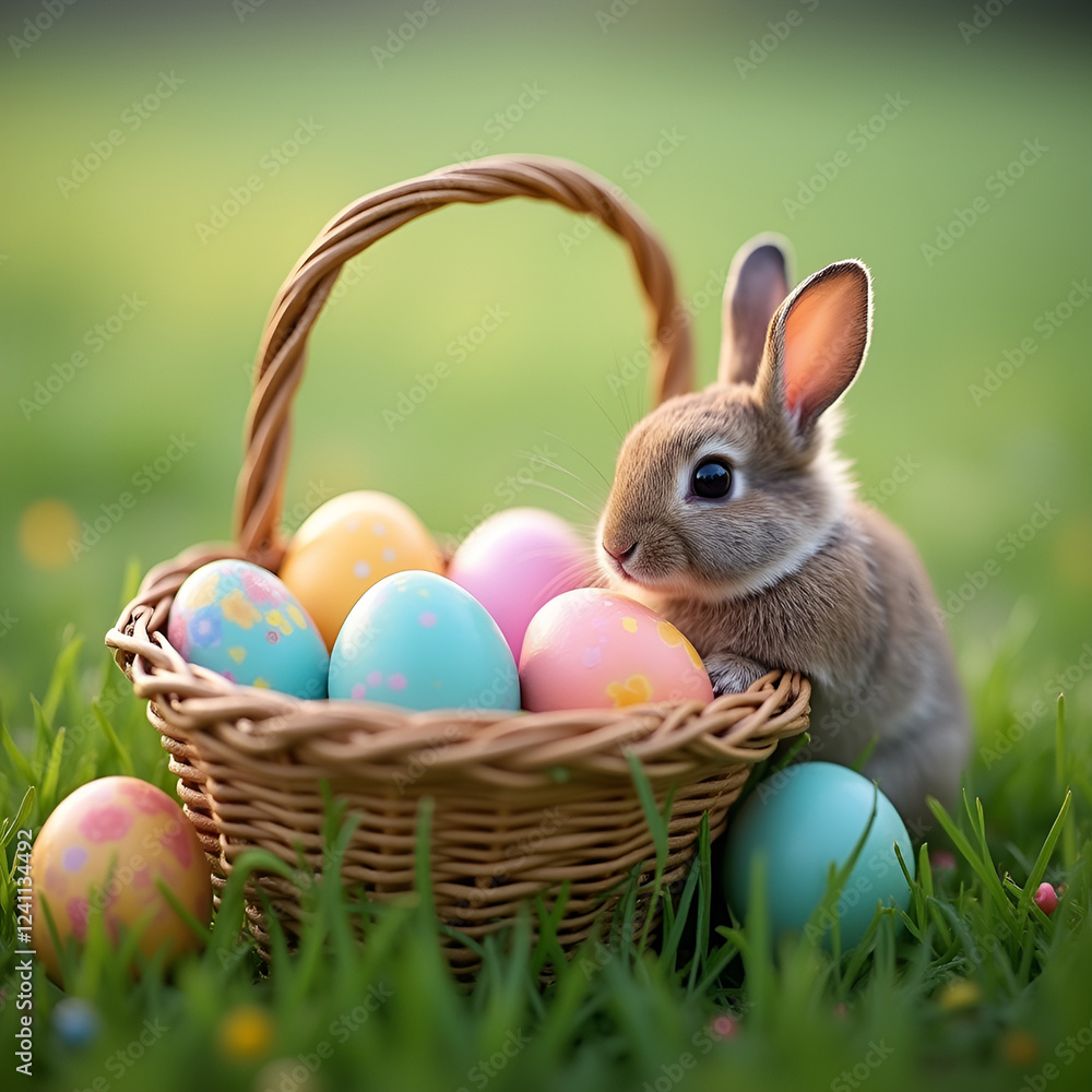 Easter Scene with a Basket of Colorful Eggs and a Cute Rabbit Easter Scene with a Basket of Colorful Eggs and a Cute Rabbit