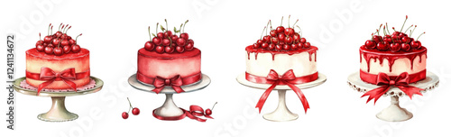 Watercolor set of cherry cakes png. The cherry cake on the stand is decorated with cherry berries and a satin red ribbon with a bow. Elegant cherry cake.