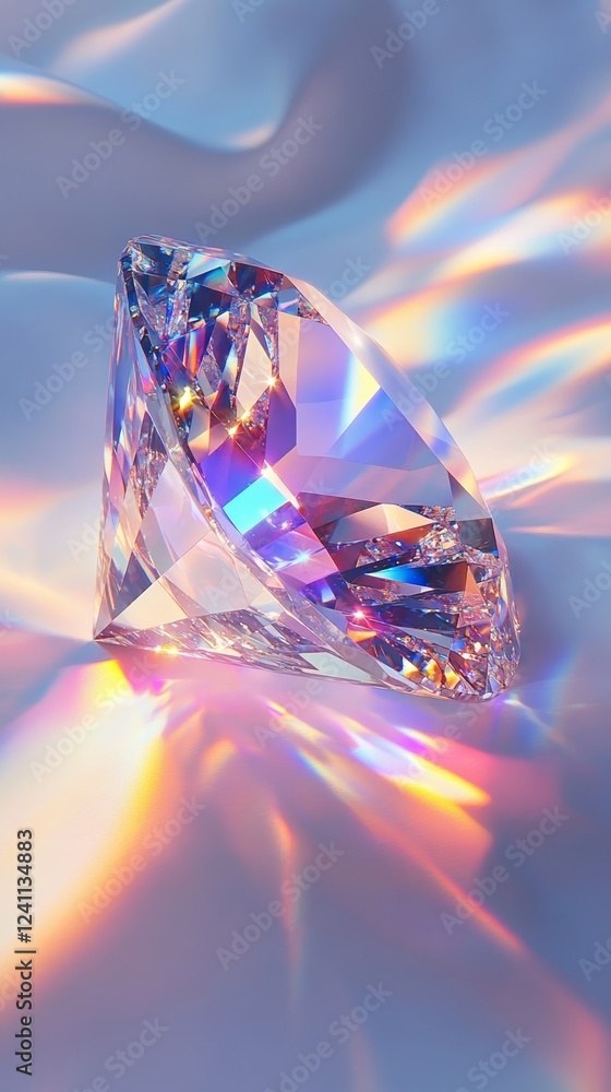 Abstract prismatic light refracting through a faceted diamond with sharp edges creating rainbows on a soft white background Abstract prismatic light refracting through a faceted diamond with sharp edges creating rainbows on a soft white background