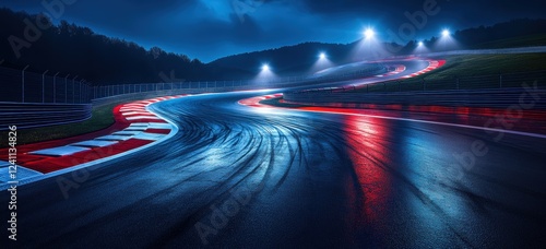 Futuristic Formula 1 racetrack at night, illuminated by bright floodlights casting cool blue glow. Track winds through sharp curves and elevation changes.