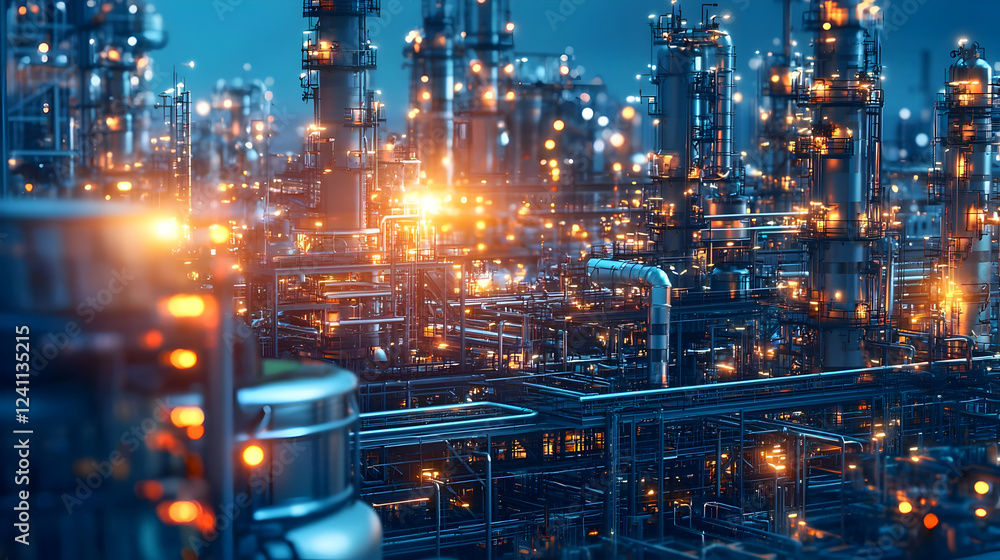 Fototapeta premium Vibrant industrial landscape at night showcasing illuminated machinery and pipes