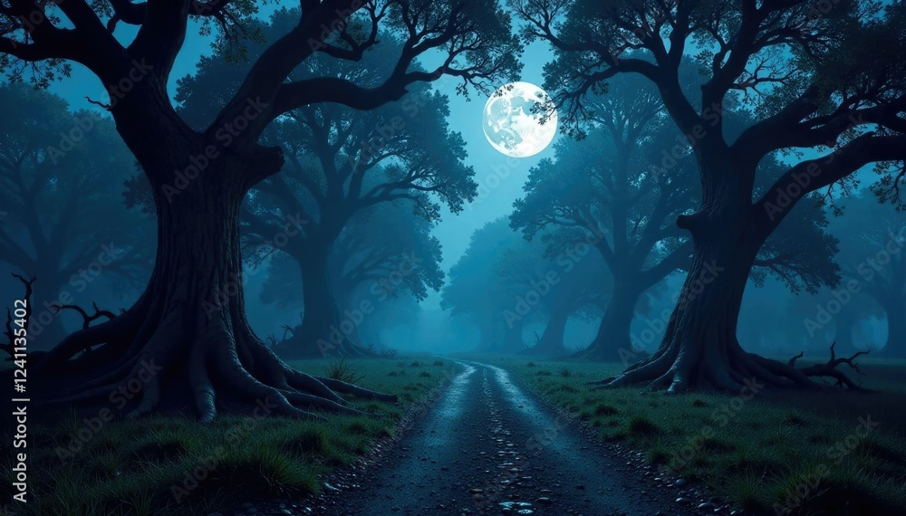Naklejka premium Moonlit forest path lined with ancient trees and twisted branches, mysterious, moonlight