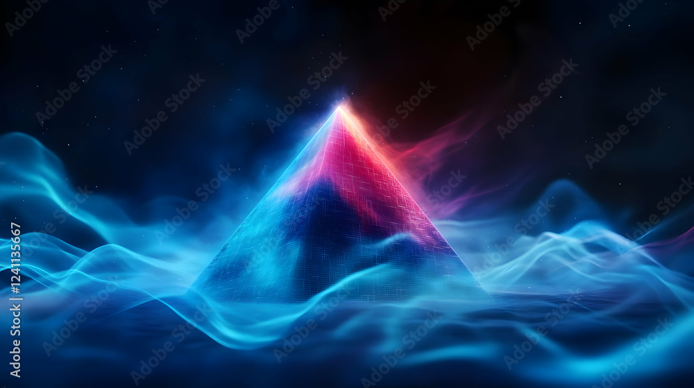 A vibrant, glowing pyramid surrounded by swirling blue and red mist, creating a mystical and surreal atmosphere. A vibrant, glowing pyramid surrounded by swirling blue and red mist, creating a mystical and surreal atmosphere.