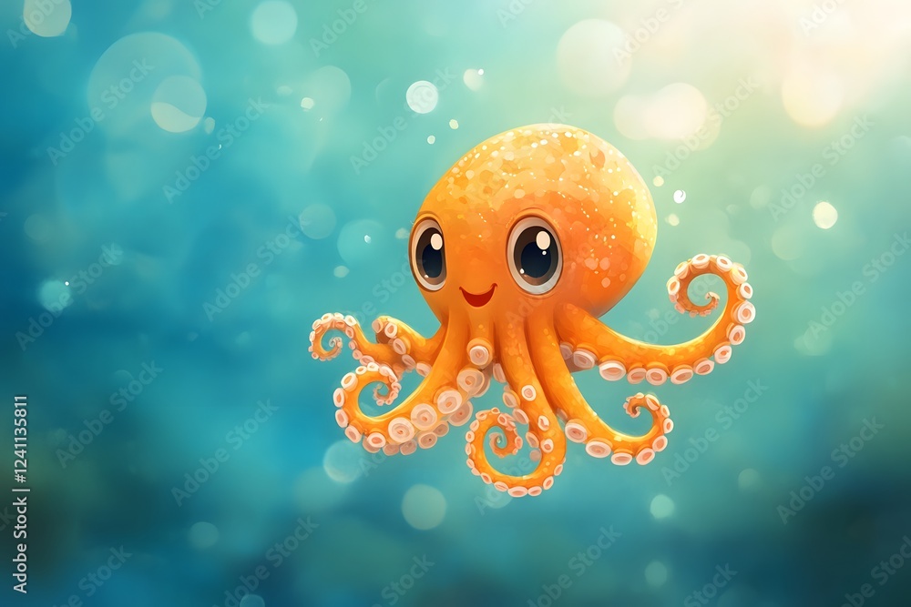 A cute cartoon orange octopus swimming in the ocean, a simple flat illustration style with a blur background A cute cartoon orange octopus swimming in the ocean, a simple flat illustration style with a blur background