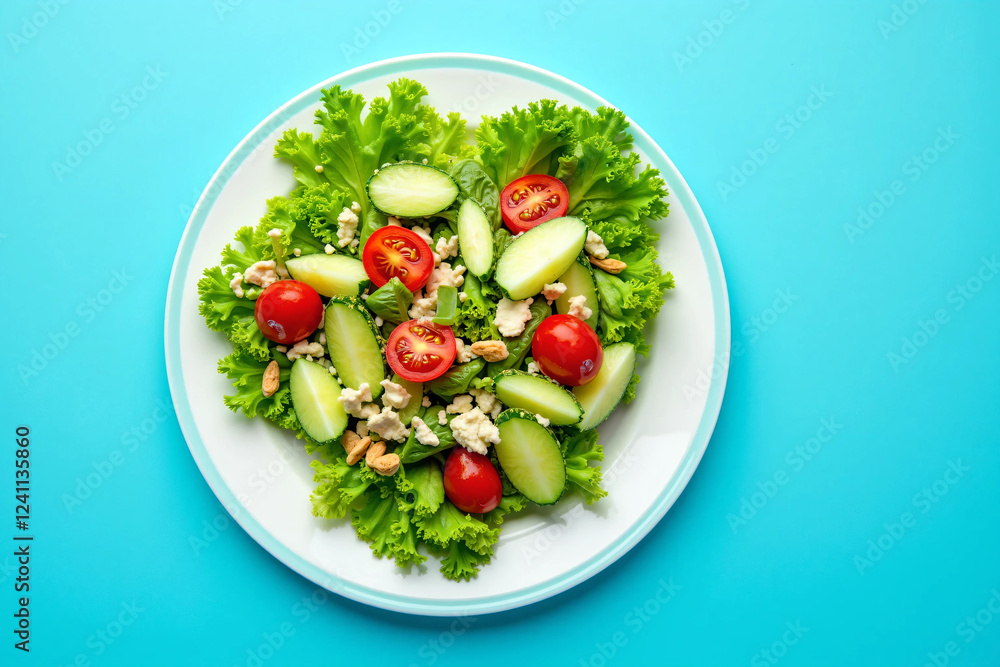 Fresh and Colorful Salad with Crisp Lettuce, Cherry Tomatoes, and Cucumber Slices on a Ceramic Plate Healthy Vegan Meal with Natural Lighting, Perfect for a Nutritious Diet and Food Photography Inspir Fresh and Colorful Salad with Crisp Lettuce, Cherry Tomatoes, and Cucumber Slices on a Ceramic Plate Healthy Vegan Meal with Natural Lighting, Perfect for a Nutritious Diet and Food Photography Inspir