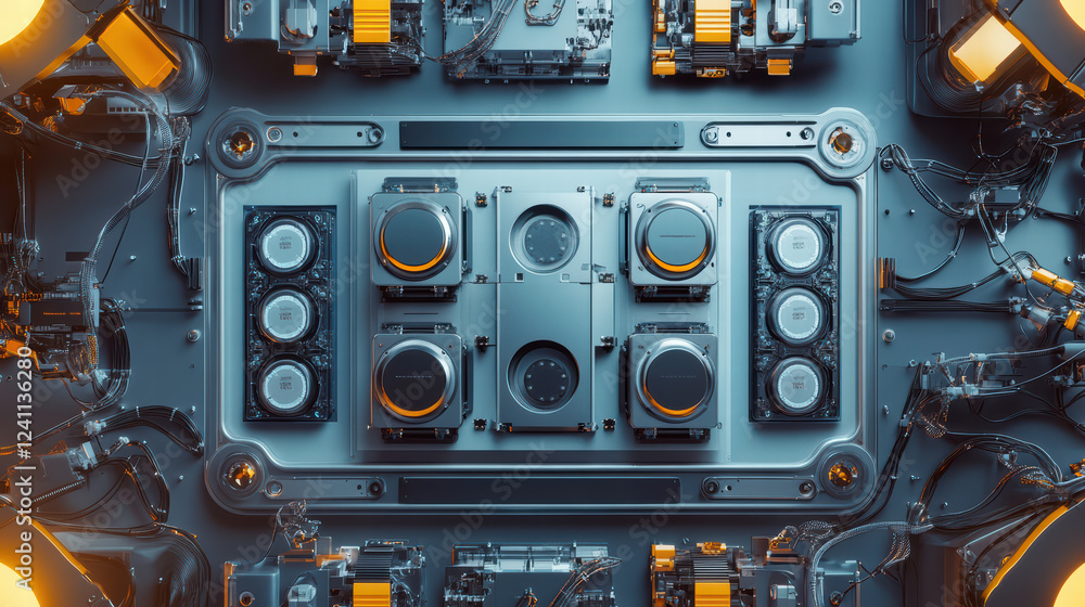 Fototapeta premium Innovative robot assembly line featuring electric car battery components, showcasing advanced technology and intricate design. image captures futuristic industrial environment