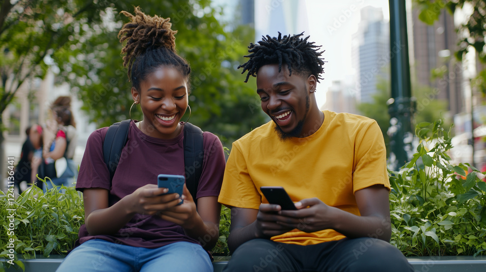 Fototapeta premium Young Friends Enjoying Technology in Urban Park Setting