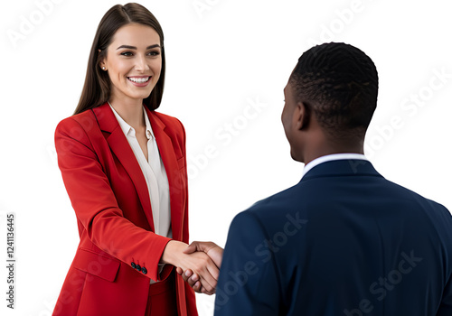 Portrait of cheerful young manager handshake with new employee, isolated