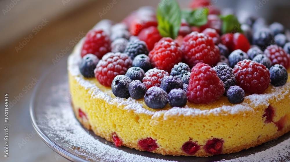 A delicious polenta cake decorated with seasonal fruits and a dusting of powdered sugar, highlighting its versatility as both a savory and sweet dish. A delicious polenta cake decorated with seasonal fruits and a dusting of powdered sugar, highlighting its versatility as both a savory and sweet dish.