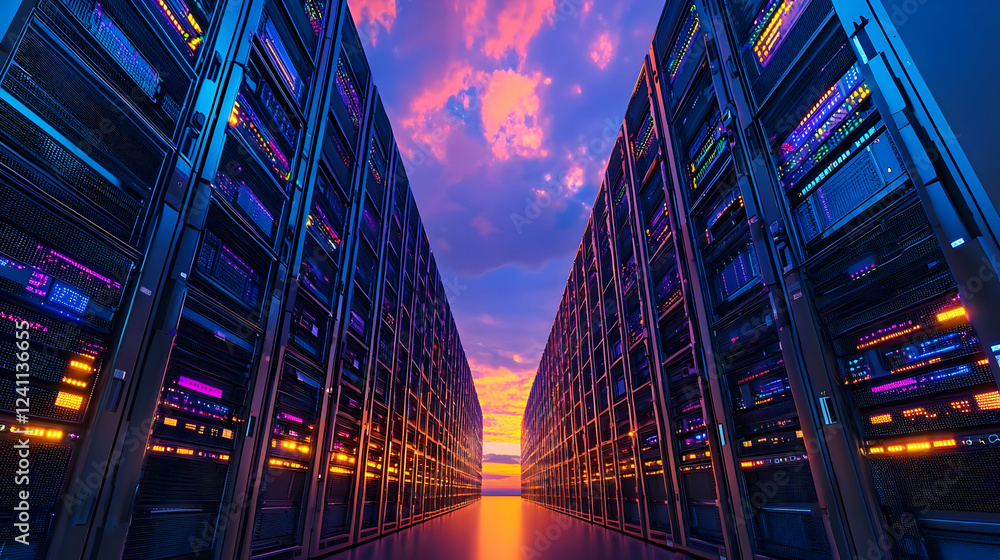Fototapeta premium Futuristic data center at sunset with vibrant colors and server racks