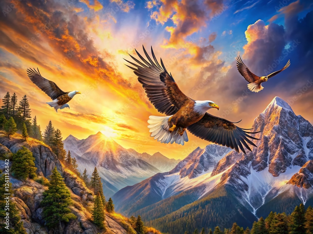 Obraz premium Majestic Eagles Soaring Above Mountain Peaks - Watercolor Painting Style Candid Photo