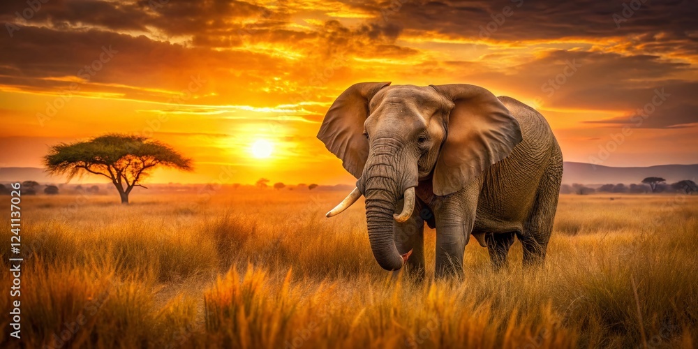 Obraz premium Majestic Elephant at Sunset: Golden African Savanna Grassland