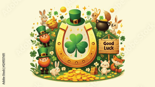 A golden horseshoe surrounded by a group of playful leprechauns and small animals like rabbits or squirrels. Include shamrocks, gold coins, and a rustic wooden sign that says 'Good Luck' 