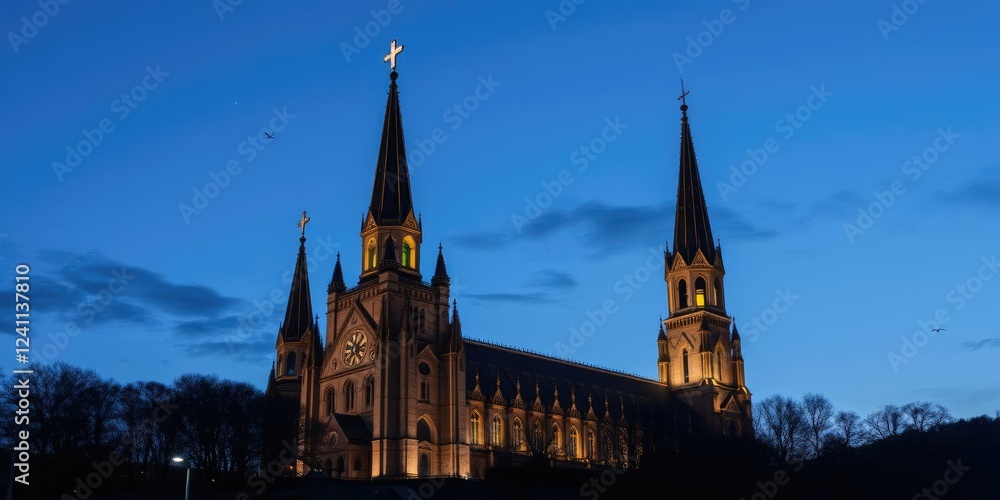 Obraz premium Nighttime view of illuminated Rosary Basilica in Lourdes, showing impressive architectural details under a dark blue sky filled with stars, landmark, sky