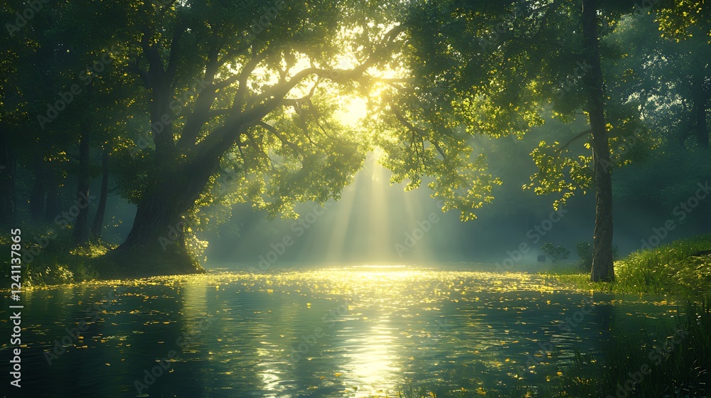Obraz premium Sunlit forest lake, morning mist, calm water, autumn leaves, peaceful scene