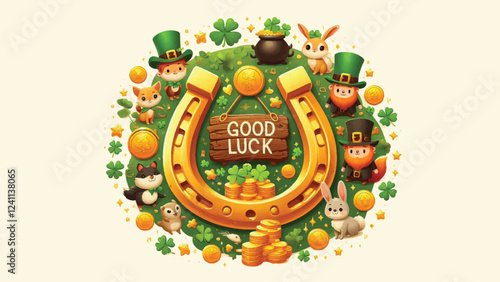 A golden horseshoe surrounded by a group of playful leprechauns and small animals like rabbits or squirrels. Include shamrocks, gold coins, and a rustic wooden sign that says 'Good Luck' 
