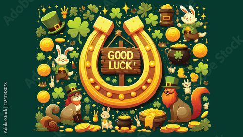 A golden horseshoe surrounded by a group of playful leprechauns and small animals like rabbits or squirrels. Include shamrocks, gold coins, and a rustic wooden sign that says 'Good Luck' 