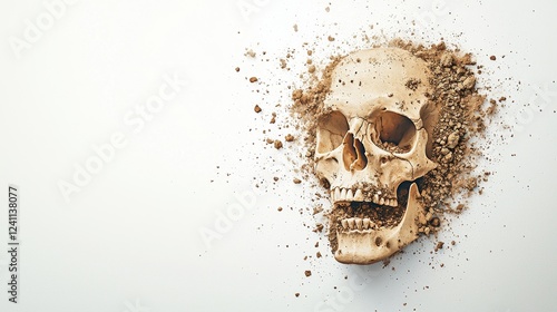 A human skull encased in dry, caked soil, isolated in a white void, watercolor technique, soft transitions between earth and purity, ethereal mood photo