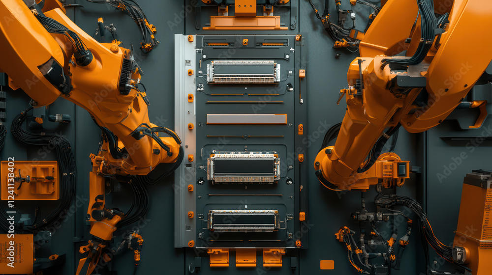 Robotic arms assembling electric car battery cell modules in high tech environment, showcasing advanced automation and precision engineering Robotic arms assembling electric car battery cell modules in high tech environment, showcasing advanced automation and precision engineering