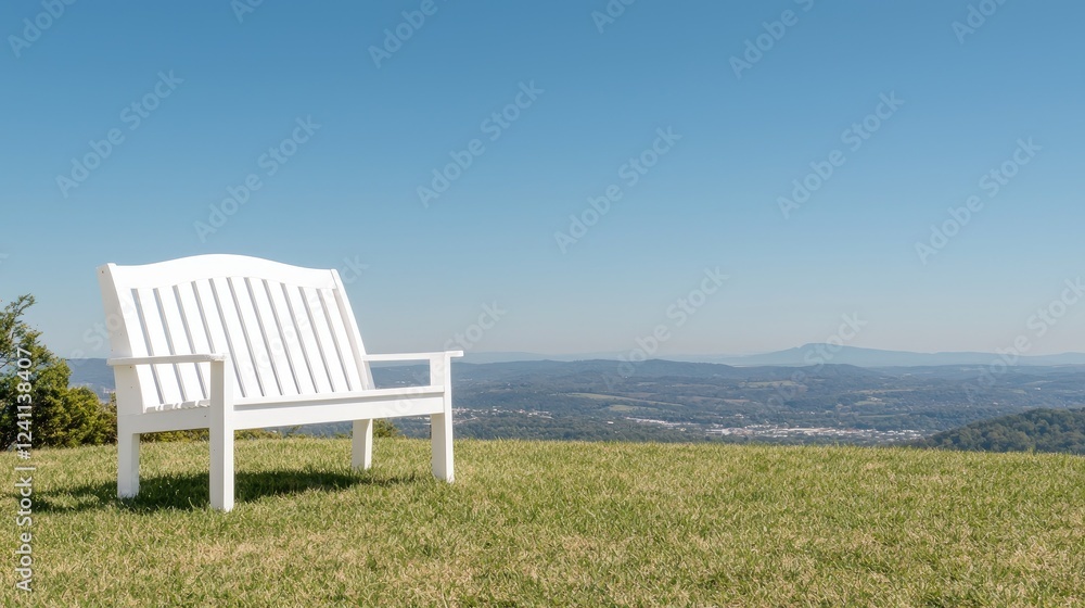 White bench overlooking scenic valley. Relaxation, outdoor seating, landscape view White bench overlooking scenic valley. Relaxation, outdoor seating, landscape view
