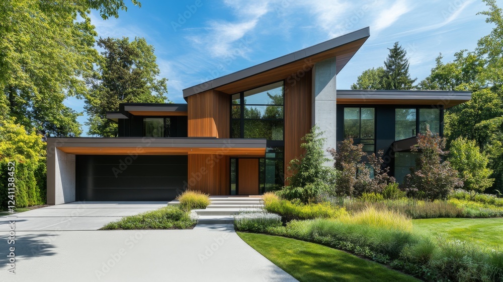 A geometric facade of a modern house with sharp angles, contrasting materials like wood and concrete, and a beautifully landscaped entryway, embodying contemporary design. A geometric facade of a modern house with sharp angles, contrasting materials like wood and concrete, and a beautifully landscaped entryway, embodying contemporary design.