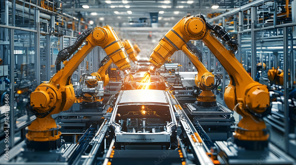 Advanced robotic arms assembling vehicles in a high-tech manufacturing plant Advanced robotic arms assembling vehicles in a high-tech manufacturing plant
