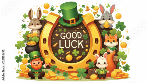 A golden horseshoe surrounded by a group of playful leprechauns and small animals like rabbits or squirrels. Include shamrocks, gold coins, and a rustic wooden sign that says 'Good Luck' 