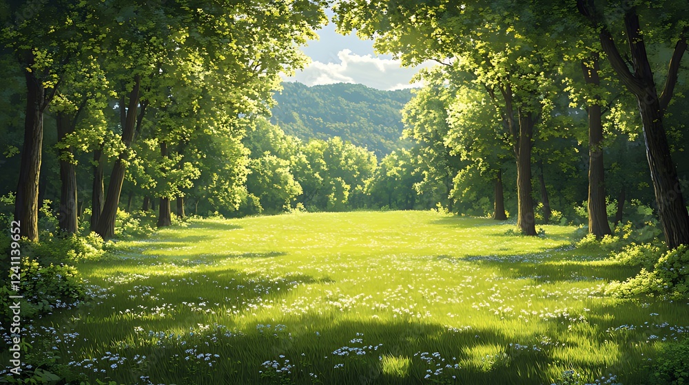Naklejka premium Sunlit Forest Meadow, Hillside Background, Nature Scene