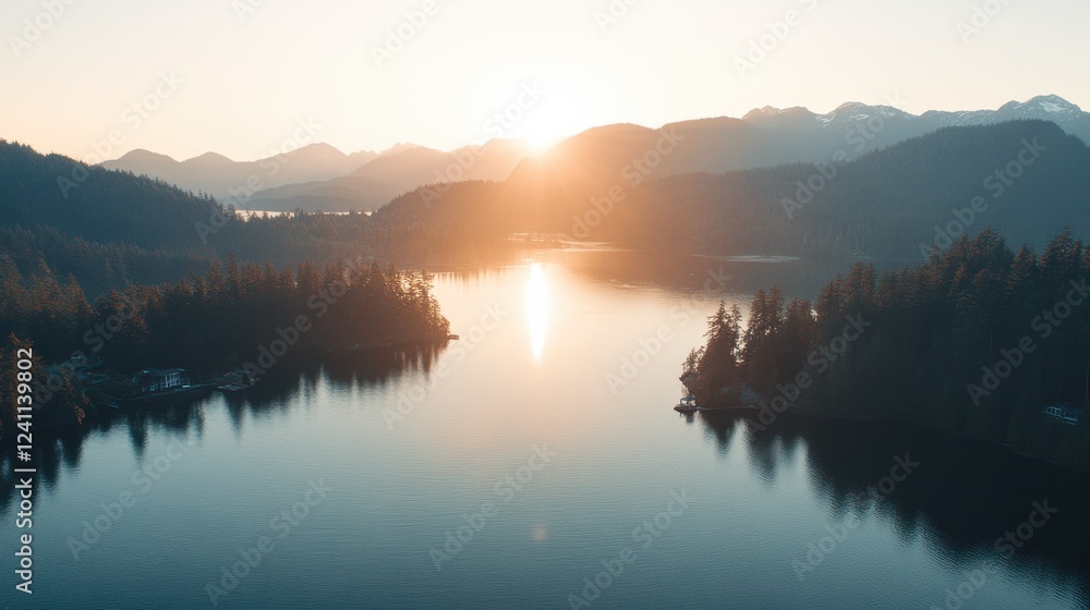 Fototapeta premium Serene Sunrise Over Calm Lake Surrounded by Majestic Mountains