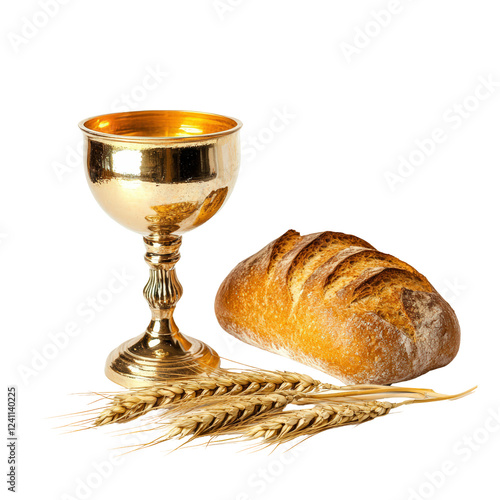 Isolated Golden Chalice with Bread and Wheat Stalks