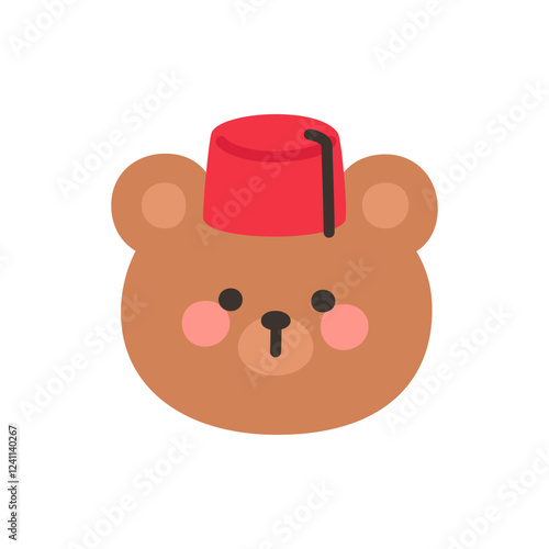Korean Style Bear Head Cartoon with Red Fez Hat