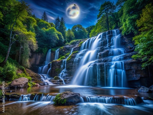 Majestic Nightfall at North Fork Falls: Dramatic Waterfall Illuminated by Moonlight