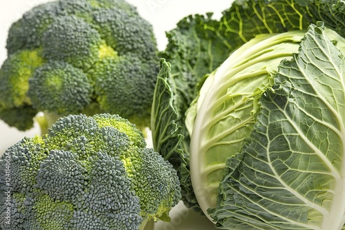 A photo of fresh and raw broccoli and uncooked green cabbage
