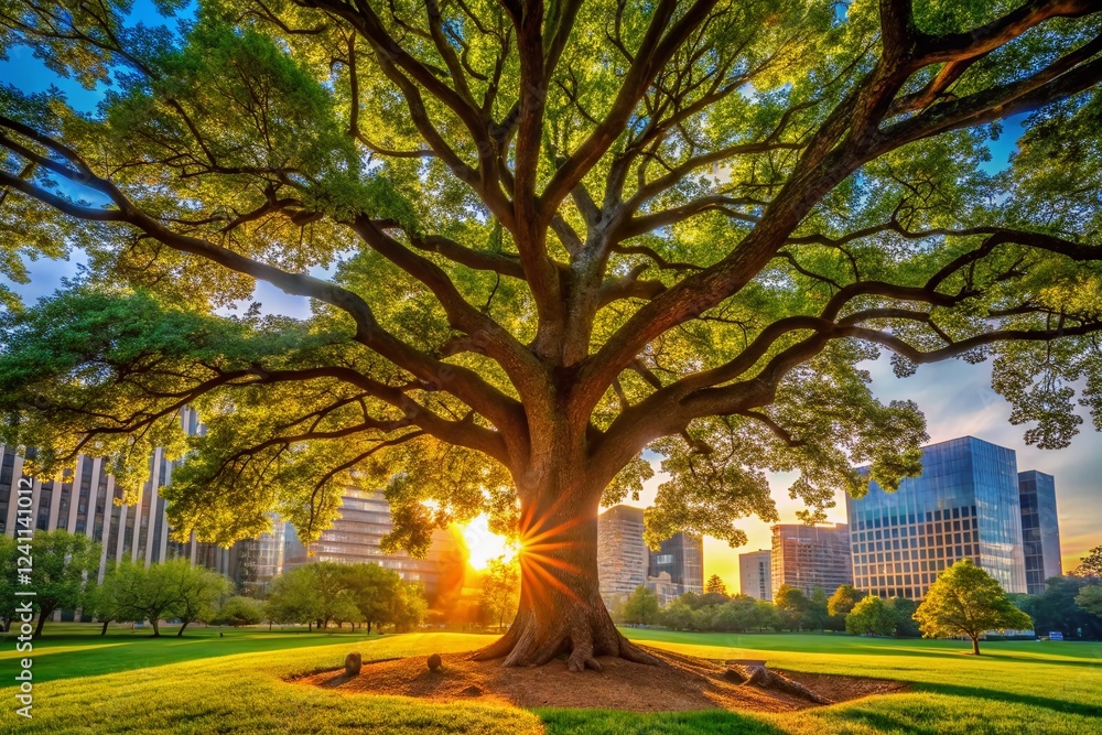 Naklejka premium Majestic Oak Tree in Tranquil City Park - Architectural Photography