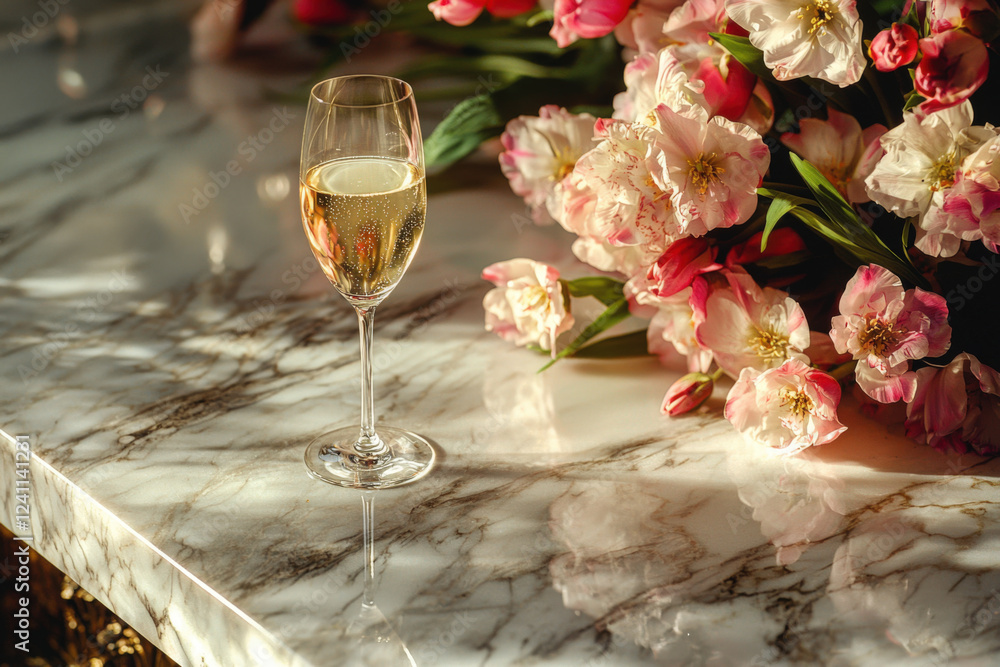 Celebration with fine bubbles and a bouquet of vibrant blossoms Celebration with fine bubbles and a bouquet of vibrant blossoms
