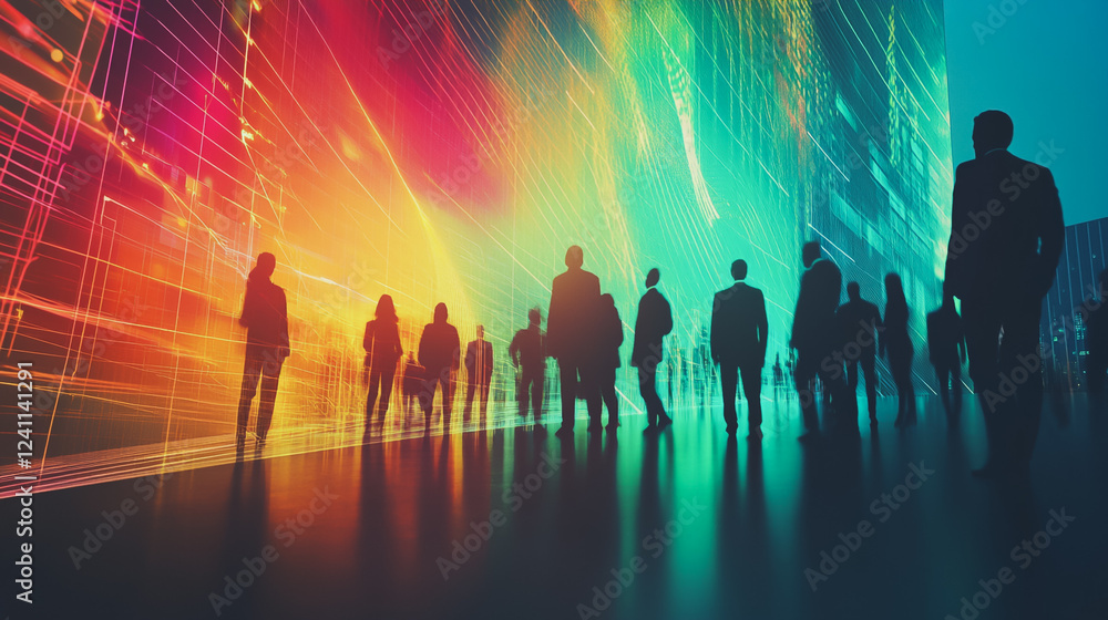 Group of business people silhouettes in modern office building and business network concept. Human resources with pastel innovation charts and graphs with statistics to analyze business Group of business people silhouettes in modern office building and business network concept. Human resources with pastel innovation charts and graphs with statistics to analyze business
