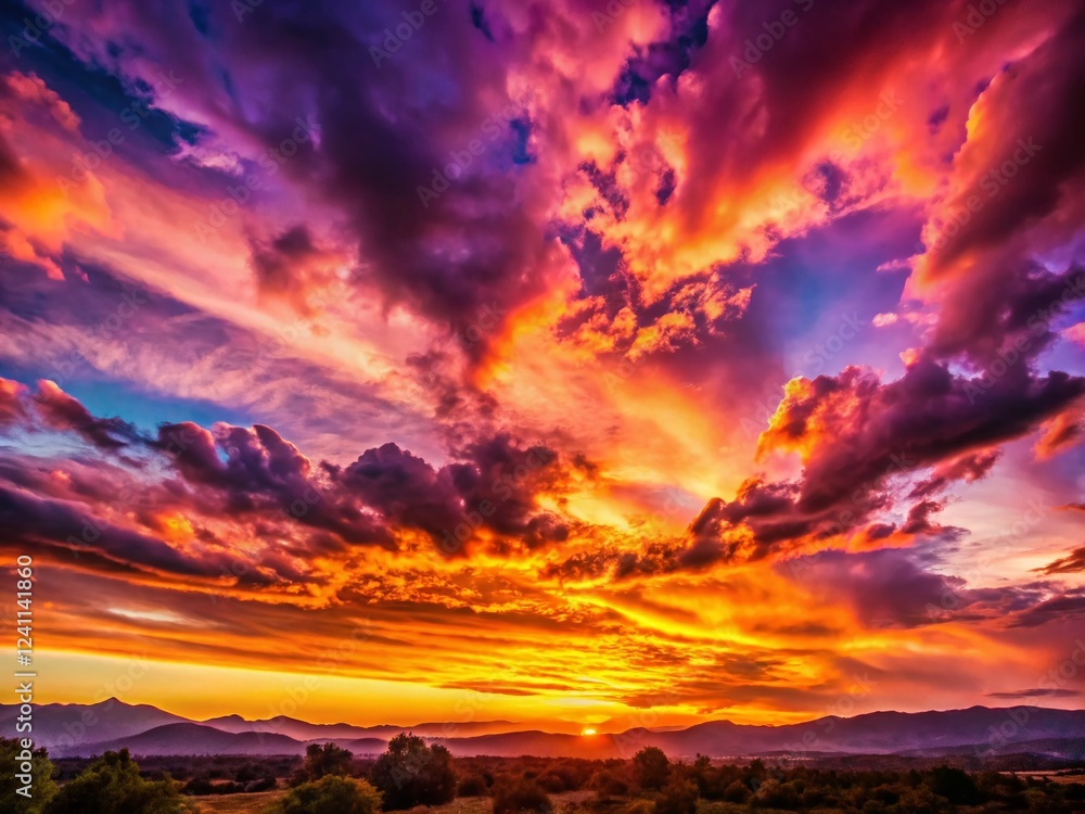 Fototapeta premium Majestic Purple Sunset Landscape - Vibrant Sky & Silhouettes