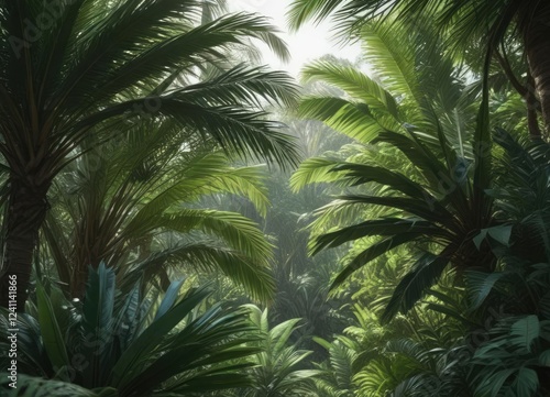 Overlapping palm fronds creating a natural canopy in a dense jungle setting , tropical plants, overlapping palms, leaf arrangements photo