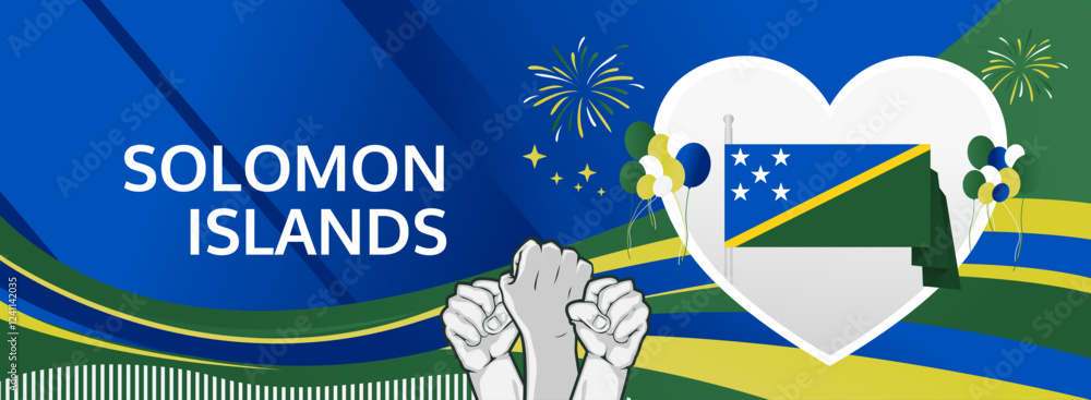 Fototapeta premium Happy independence day Solomon Islands. Long poster national day Solomon Islands in flag colors. Holiday banner illustration for July 7 celebration invitation party, greeting card and sale