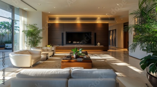 Wallpaper Mural A modern living room featuring a minimalist design with a sleek entertainment center, potted plants, and a stylish area rug, creating a welcoming atmosphere. Torontodigital.ca