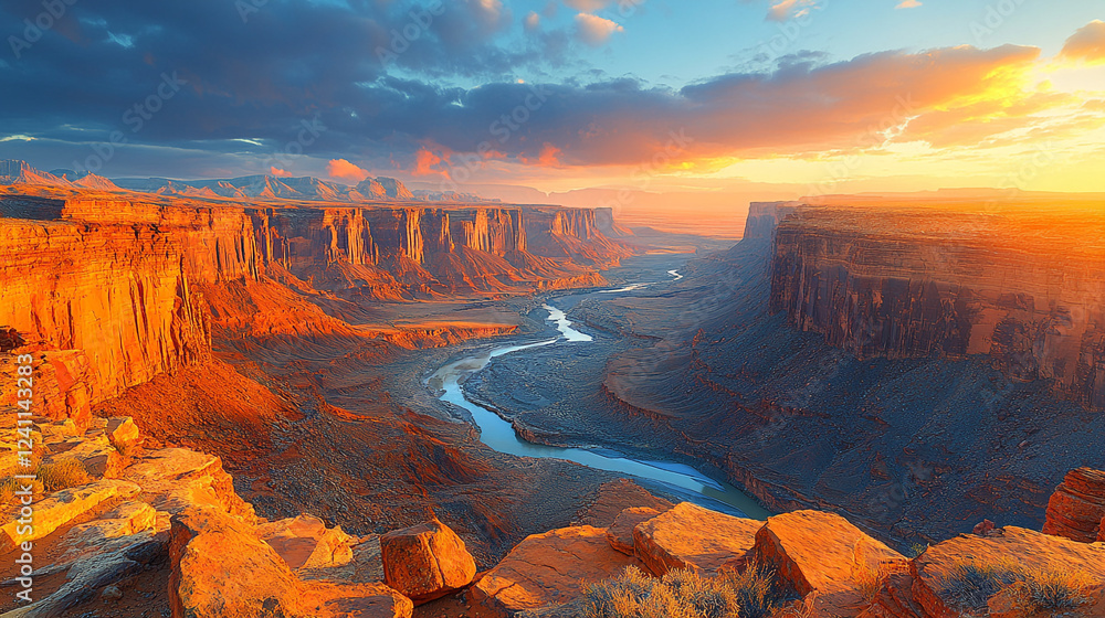Fototapeta premium Majestic sunset over a canyon with winding river in a vast desert landscape