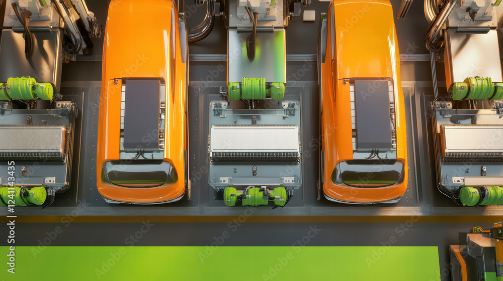 Fototapeta premium Electric car assembly line with battery cells and machinery