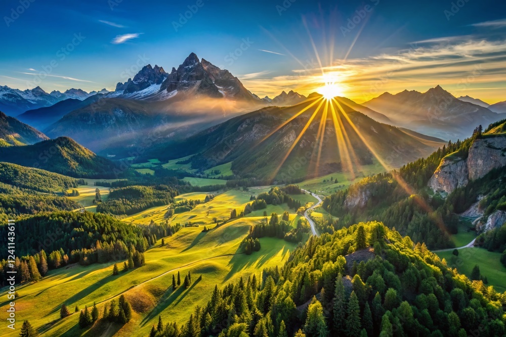 Fototapeta premium Majestic Sunrise Over Mountain Peaks - Drone Aerial View
