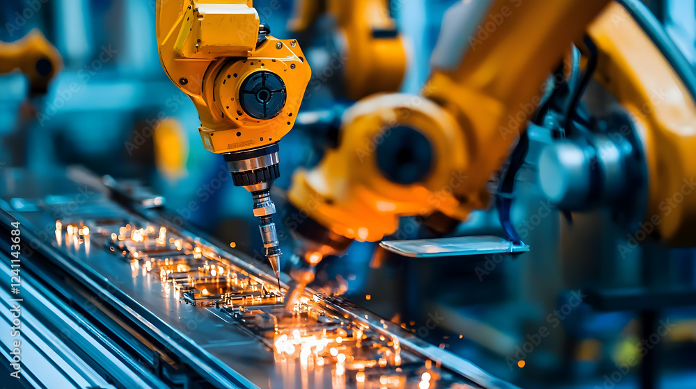 Robotic arms performing precision welding in a modern manufacturing facility Robotic arms performing precision welding in a modern manufacturing facility