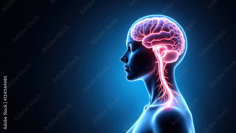 VNS, vagus nerve stimulation visualized through a glowing blue human head model. VNS, vagus nerve stimulation visualized through a glowing blue human head model.